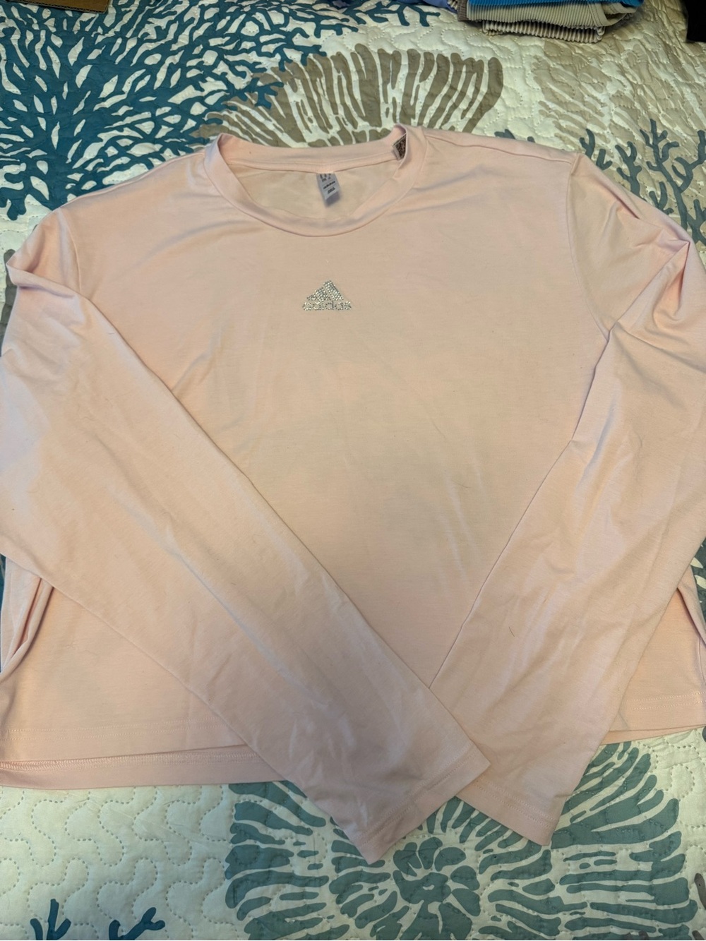 adidas Pale Pink Long Sleeve Crew Tee with Metallic Logo
